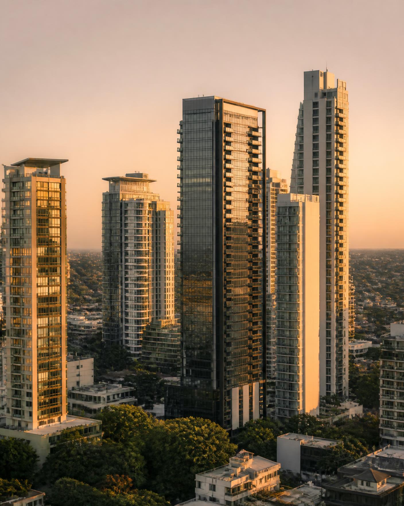 Modern residential towers in Asunción at golden hour
